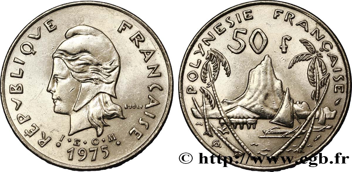 FRENCH POLYNESIA 50 Francs Marianne / paysage polynésien 1975 Paris AU 