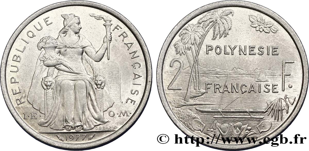 FRANZÖSISCHE-POLYNESIEN 2 Francs I.E.O.M. Polynésie Française 1977 Paris fST 