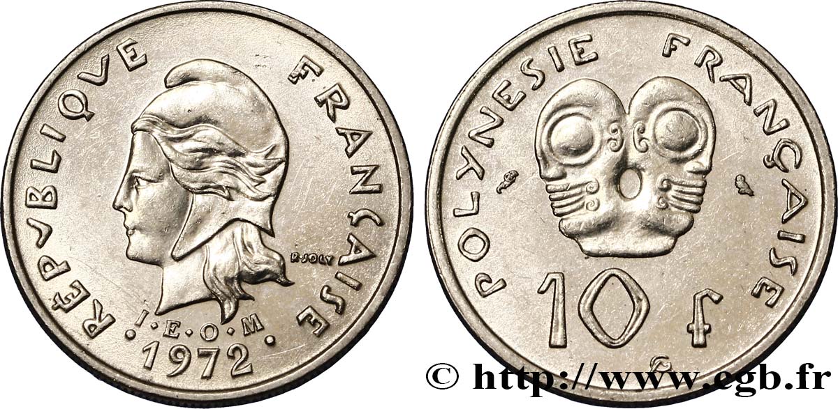 POLINESIA FRANCESE 10 Francs I.E.O.M Marianne 1972 Paris SPL 