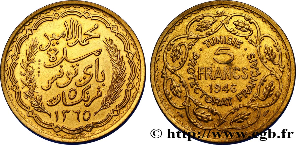 TUNESIEN - Französische Protektorate  Essai de 5 Francs 1946 Paris VZ 
