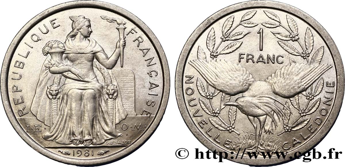NUOVA CALEDONIA 1 Franc I.E.O.M. représentation allégorique de Minerve / Kagu, oiseau de Nouvelle-Calédonie 1981 Paris MS 
