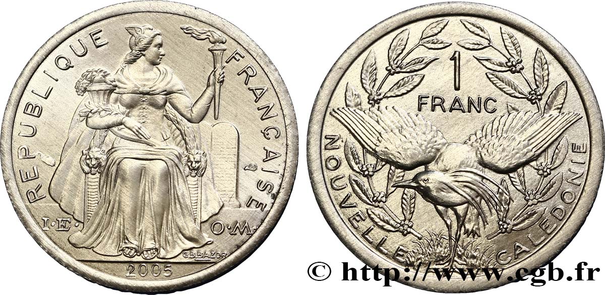 NOUVELLE CALÉDONIE 1 Franc I.E.O.M. représentation allégorique de Minerve / Kagu, oiseau de Nouvelle-Calédonie 2005 Paris FDC 