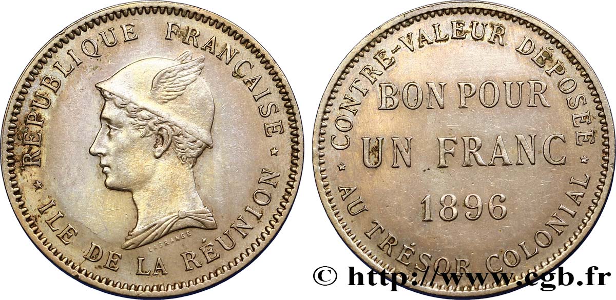 REUNIóN - TERCERA REPUBLICA 1 Franc 1896 Paris MBC+ 