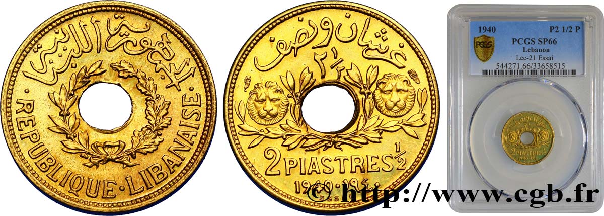 III REPUBLIC - LEBANON Essai de 2 Piastres et demie 1940 Paris MS66 PCGS