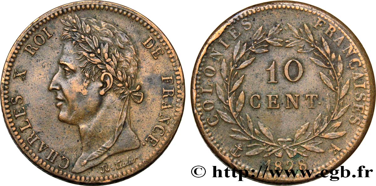 COLONIAS FRANCESAS - Charles X, para Guayana 10 Centimes Charles X 1828 Paris - A MBC+ 
