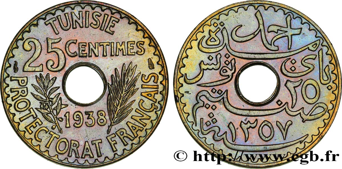 TUNESIEN - Französische Protektorate  25 Centimes 1938 Paris VZ 