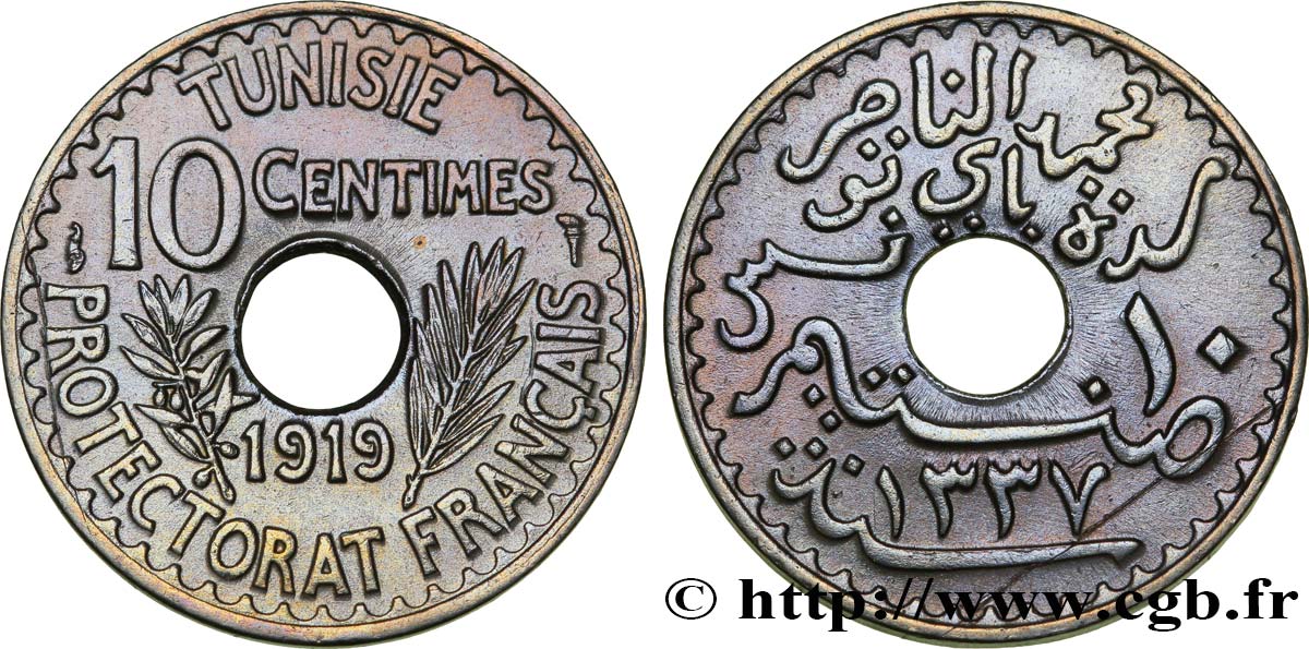 TUNISIE - PROTECTORAT FRANÇAIS 10 Centimes AH 1337 1919 Paris SUP 