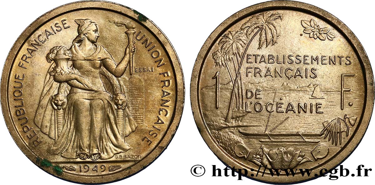 FRENCH POLYNESIA - French Oceania Essai de 1 Franc Établissements français de l’Océanie 1949 Paris AU 