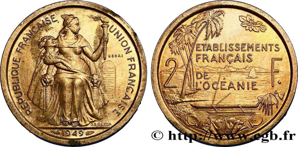 FRANZÖSISCHE POLYNESIA - Franzözische Ozeanien Essai de 2 Francs Établissements français de l’Océanie 1949 Paris VZ 