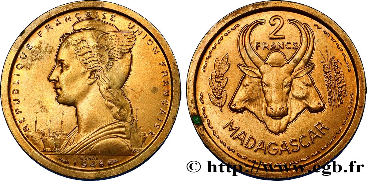 MADAGASKAR - FRANZÖSISCHE UNION Essai de 2 Francs 1948 Paris VZ 