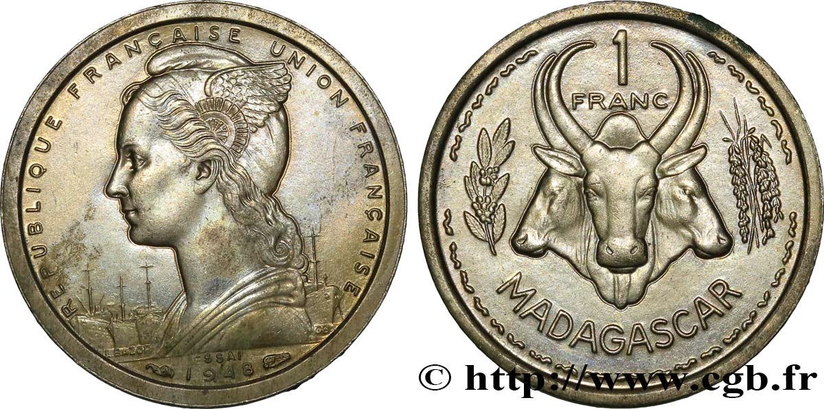 MADAGASCAR French Union Essai de 1 Franc 1948 Paris AU 