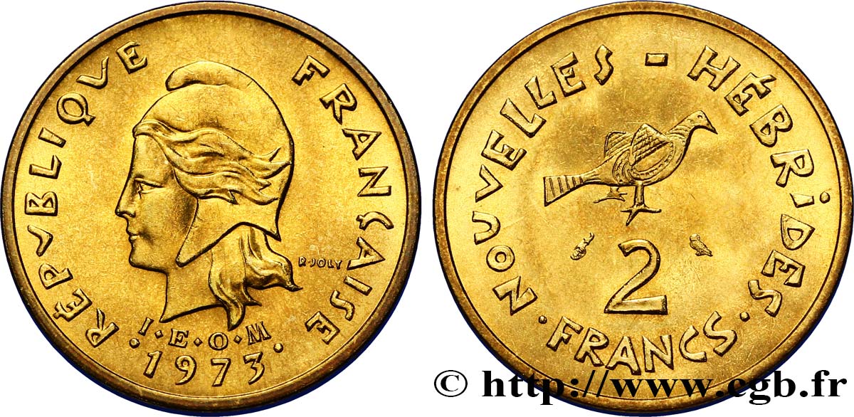 NUOVO EBRIDI (VANUATU dopo1980) 2 Francs I. E. O. M. Marianne / oiseau 1973 Paris SPL 