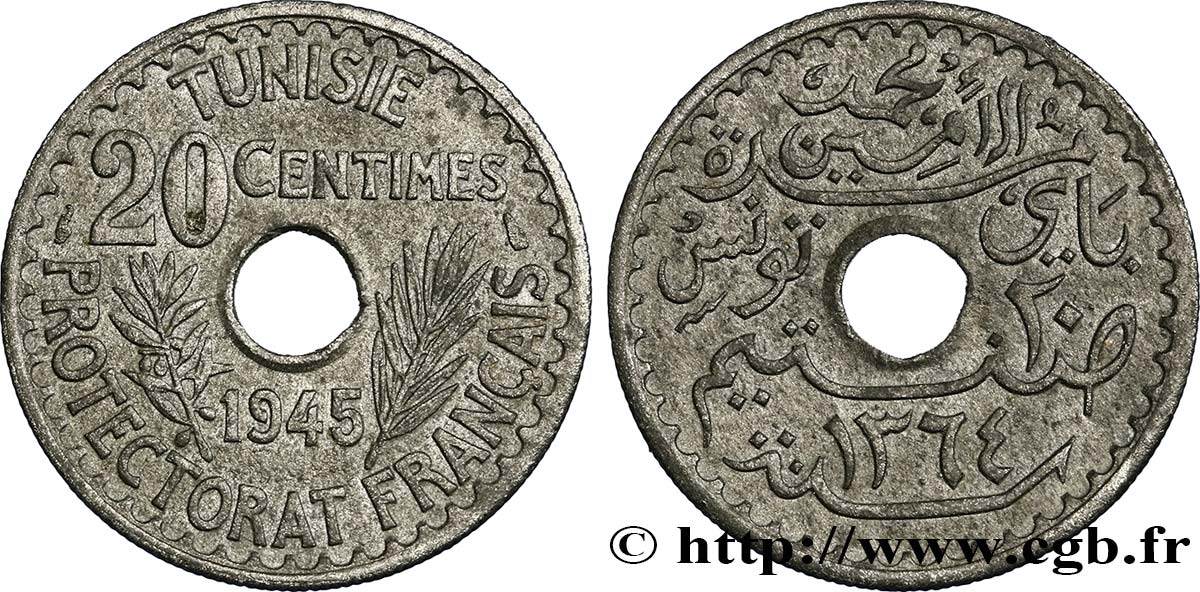 TUNISIA - French protectorate 20 Centimes 1945 Paris XF 