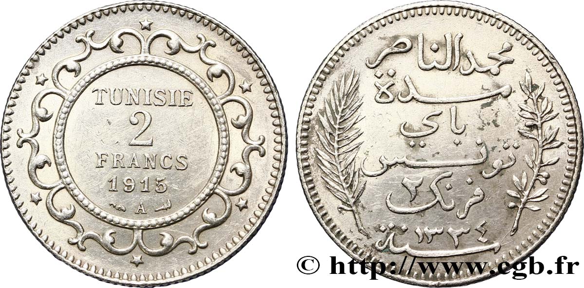 TUNESIEN - Französische Protektorate  2 Francs au nom du Bey Mohamed En-Naceur an 1334 1915 Paris - A VZ 