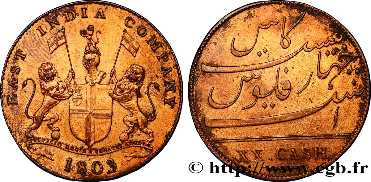 ÎLE DE FRANCE (ÎLE MAURICE) XX (20) Cash East India Company 1803 Madras SUP 