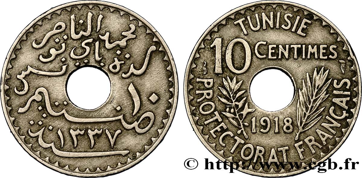 TUNISIA - French protectorate 10 Centimes AH 1337 1918 Paris AU 