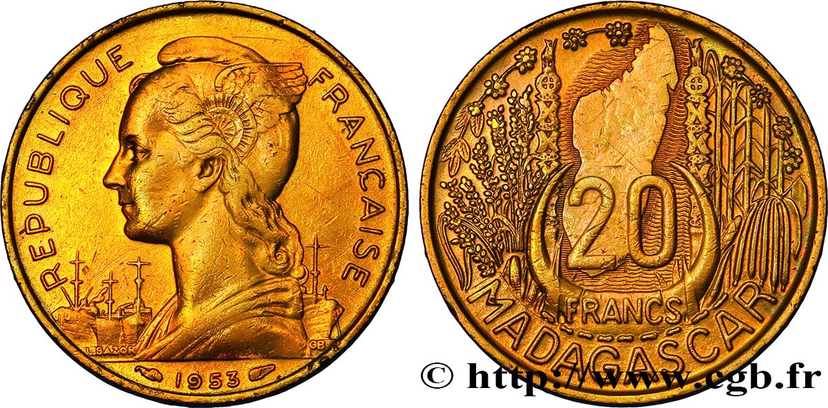 MADAGASCAR - UNION FRANCESE 20 Francs 1953 Paris SPL 