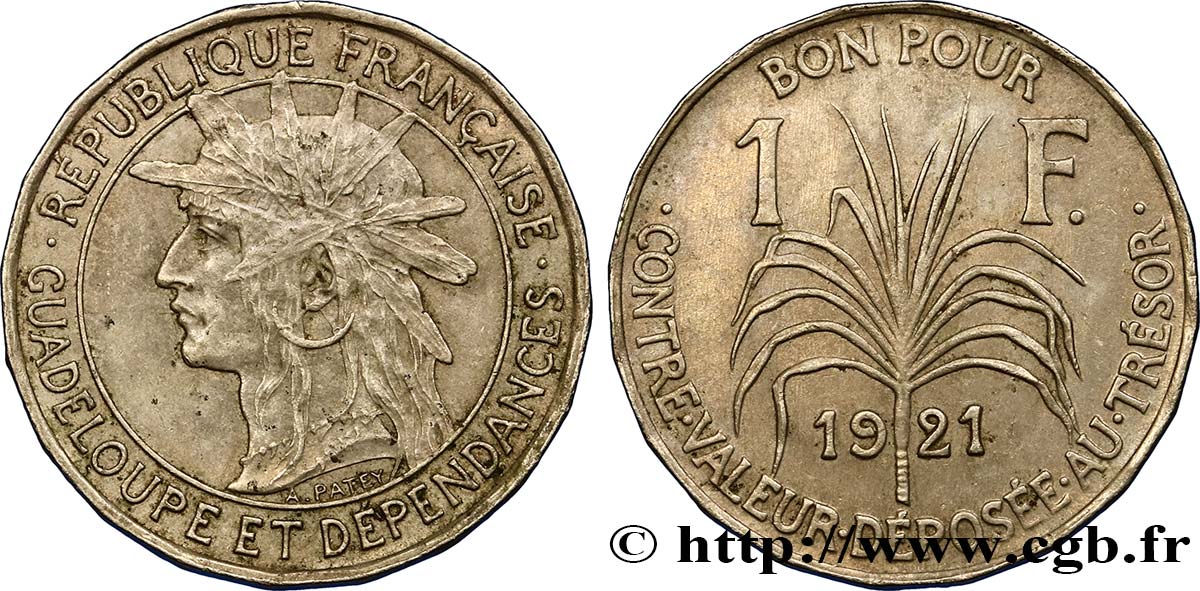 GUADELOUPE Bon pour 1 Franc indien caraïbe / canne à sucre 1921  TTB 