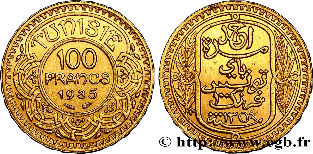 TUNESIEN - Französische Protektorate  100 Francs or frappée au nom du Bey Ahmed 1935 Paris VZ 