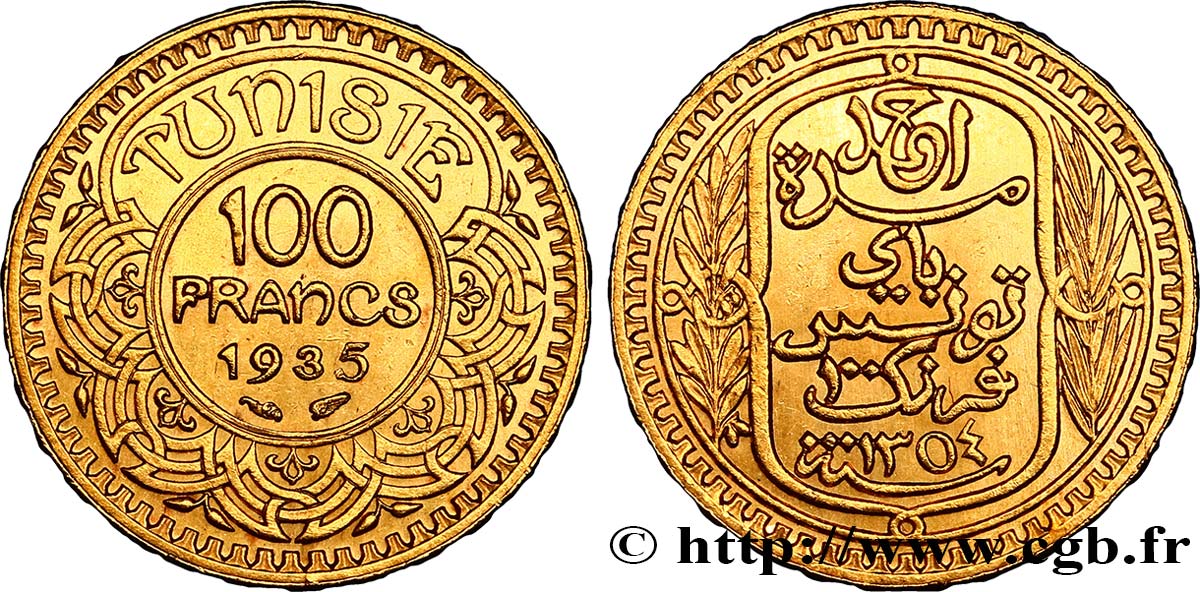 TUNISIA - Protettorato Francese 100 Francs or frappée au nom du Bey Ahmed 1935 Paris SPL 