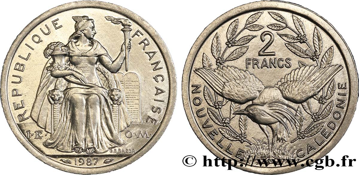 NUEVA CALEDONIA 2 Francs I.E.O.M. représentation allégorique de Minerve / Kagu, oiseau de Nouvelle-Calédonie 1987 Paris SC 