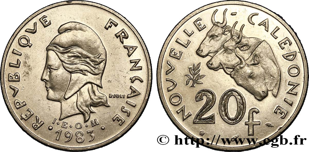NEUKALEDONIEN 20 Francs I.E.O.M. Marianne / zébus d’élevage de Nouvelle Calédonie  1983 Paris VZ 