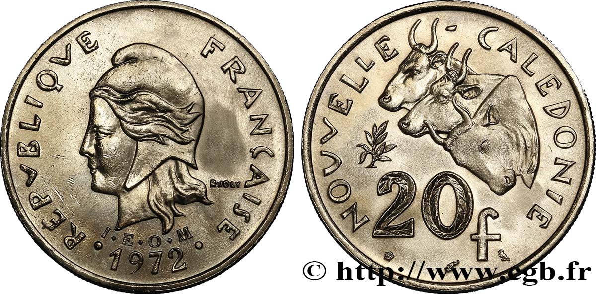 NEW CALEDONIA 20 Francs I.E.O.M. Marianne / zébus d’élevage de Nouvelle Calédonie  1972 Paris AU 