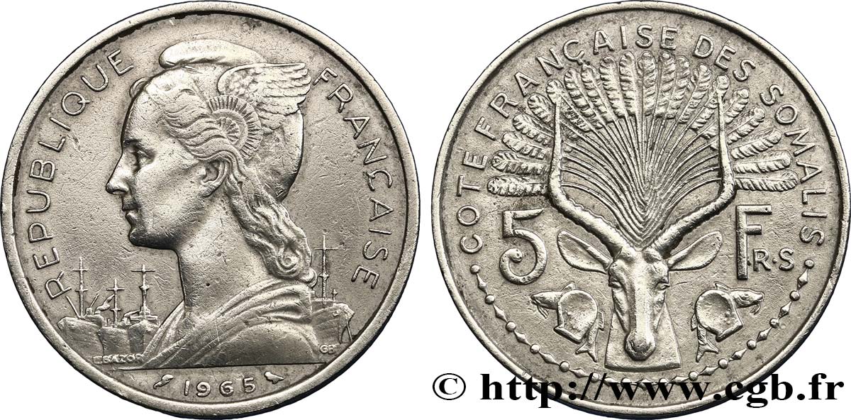 SOMALIA FRANCESA 5 Francs 1965 Paris BC 