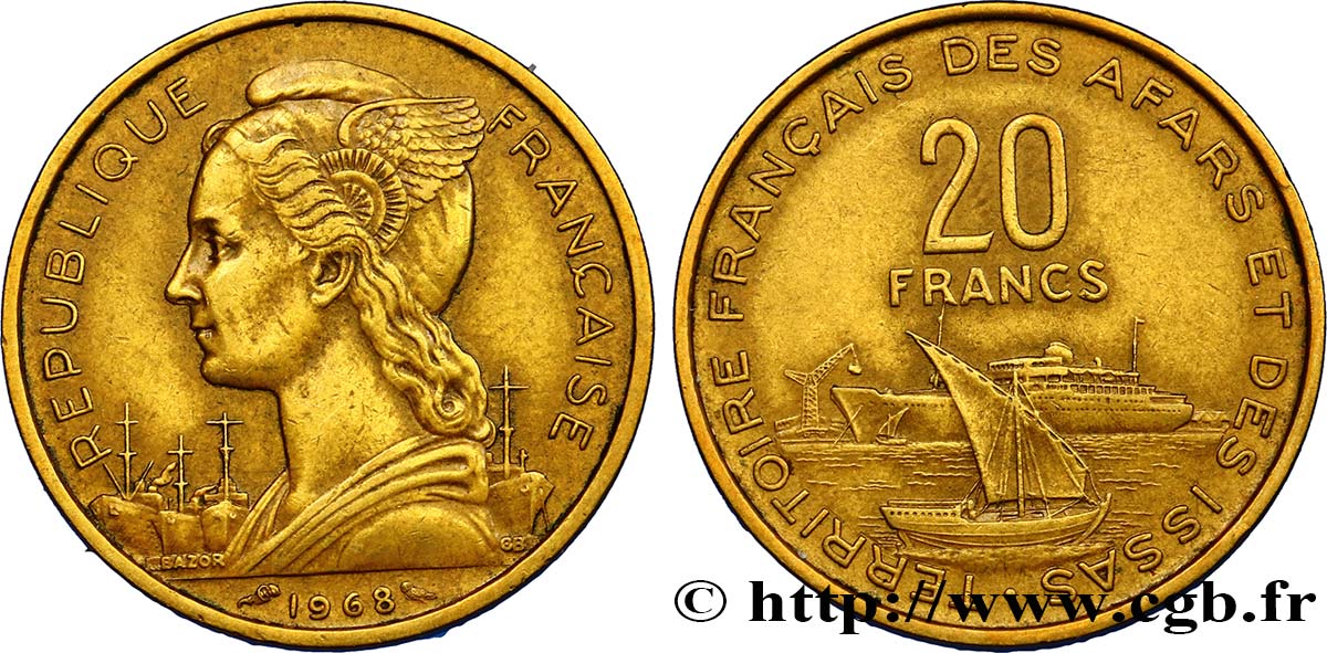 DJIBUTI - French Territory of the Afars and Issas  20 Francs 1968 Paris XF 