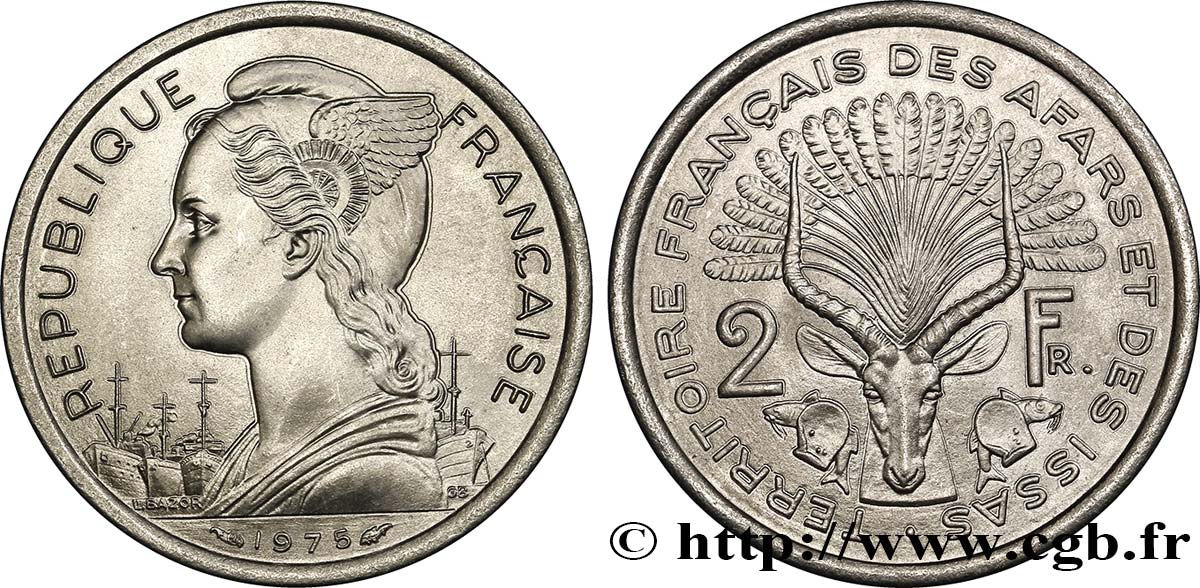 DSCHIBUTI - Französisches Afar- und Issa-Territorium 2 Francs 1975 Paris fST 