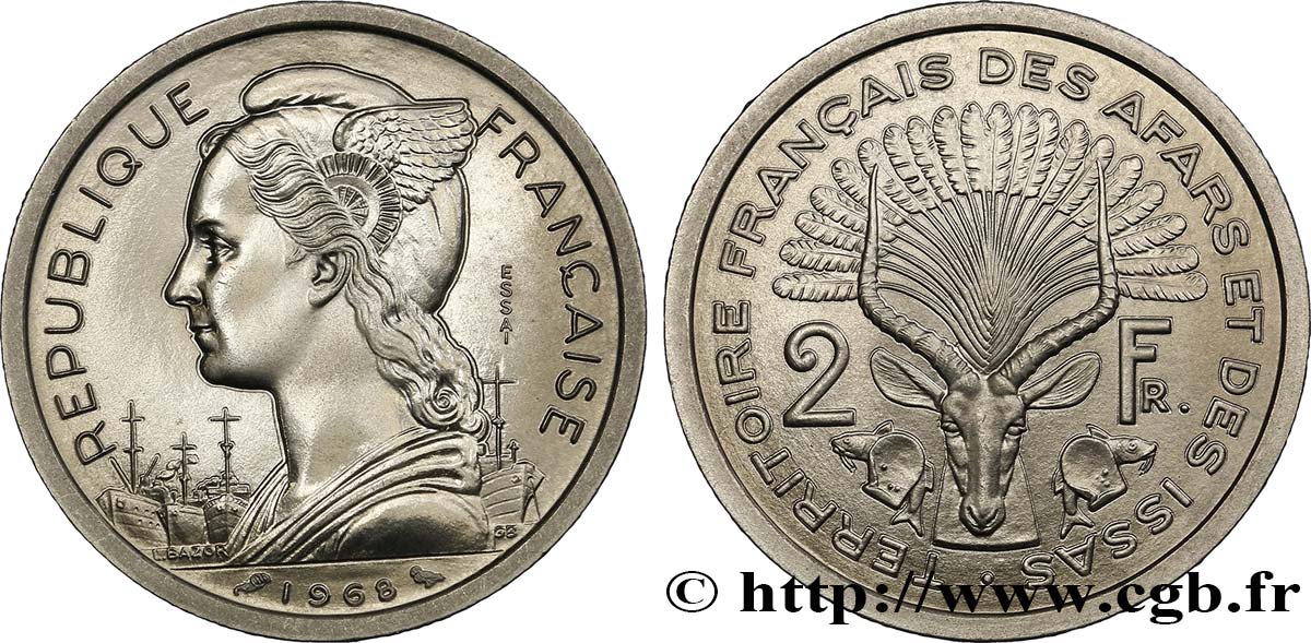 DSCHIBUTI - Französisches Afar- und Issa-Territorium Essai de 2 Francs 1968 Paris ST 