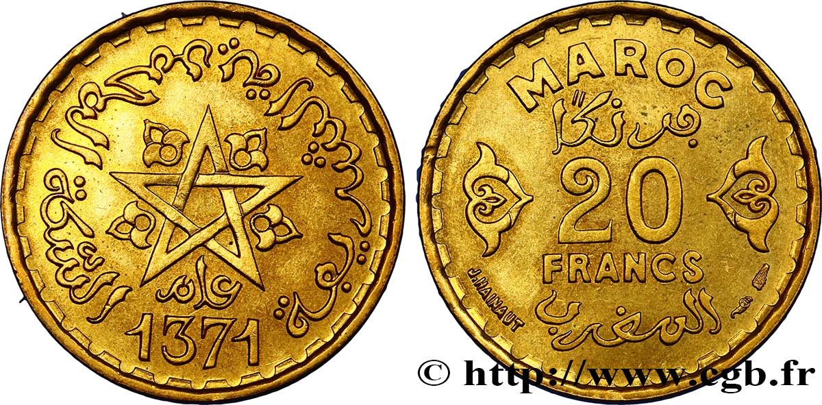 MARUECOS - PROTECTORADO FRANCÉS 20 Francs AH1371 1952 Paris SC 