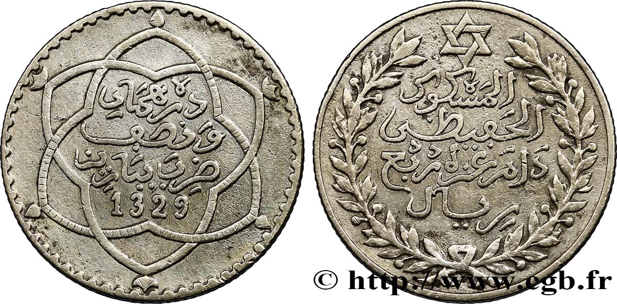 MAROKKO 2 1/2 Dirhams Moulay Hafid I an 1329 1911 Paris SS 
