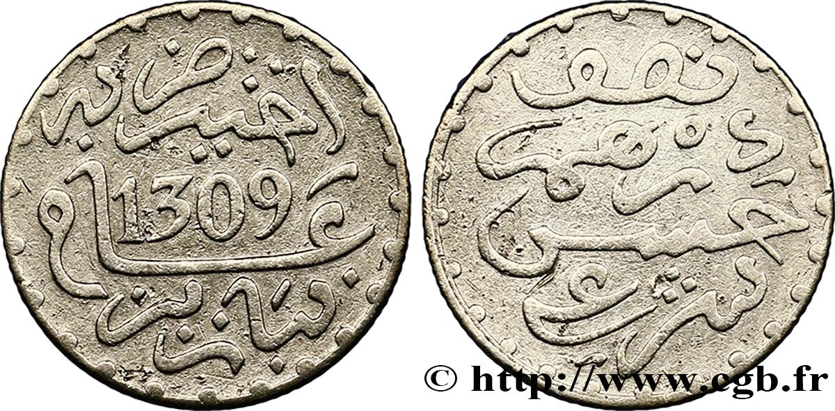 MARUECOS 1/2 Dirham Hassan I an 1309 1891 Paris BC 
