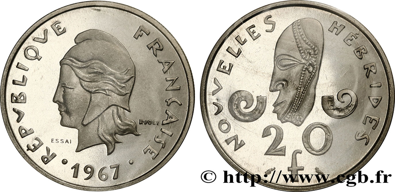 NEW HEBRIDES (VANUATU since 1980) Essai de 20 Francs 1967 Paris MS70 