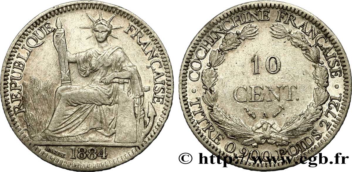 FRENCH COCHINCHINA 10 Centimes 1884 Paris XF 