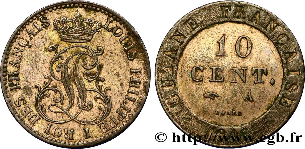 GUYANA FRANCESA 10 Cent. (imes) monogramme de Louis-Philippe 1846 Paris EBC 