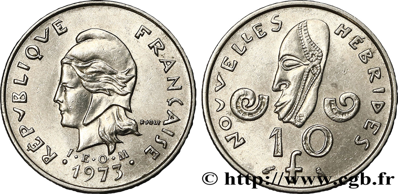 NOUVELLES HÉBRIDES (VANUATU depuis 1980) 10 Francs Marianne / masque 1973 Paris SPL 