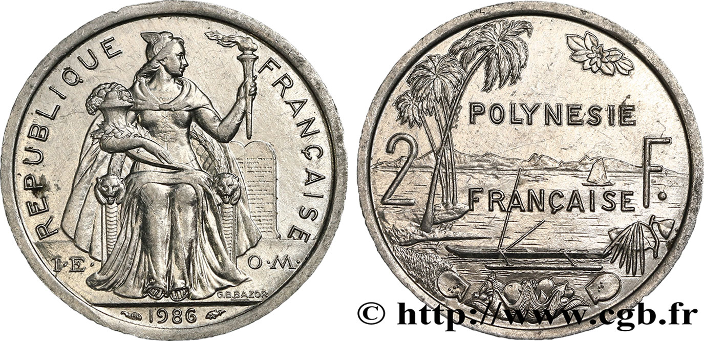 FRANZÖSISCHE-POLYNESIEN 2 Francs I.E.O.M. Polynésie Française 1986 Paris VZ 
