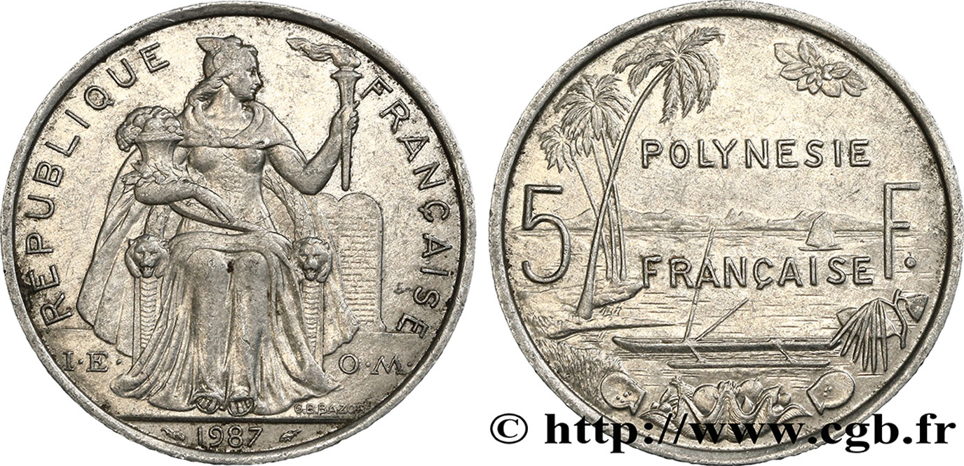 FRENCH POLYNESIA 5 Francs I.E.O.M. Polynésie Française 1987 Paris XF 