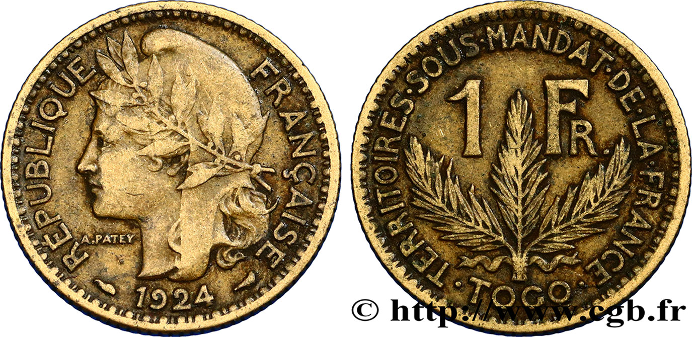 F~VF Togo French 1 Franc Brass for 1 Pc 1924 