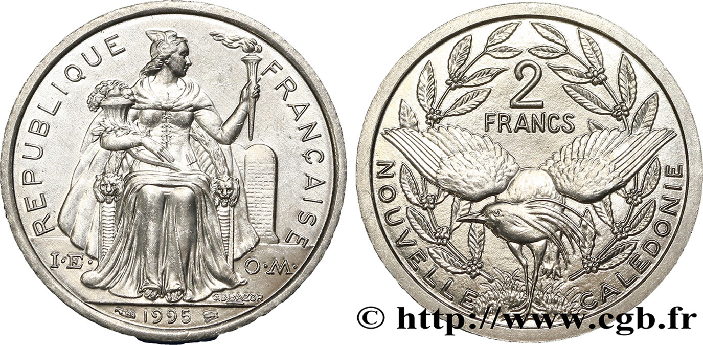 NOUVELLE CALÉDONIE 2 Francs I.E.O.M. représentation allégorique de Minerve / Kagu, oiseau de Nouvelle-Calédonie 1995 Paris FDC 