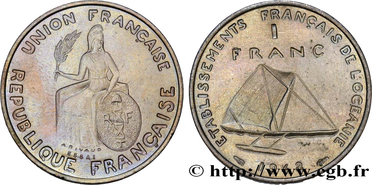 POLYNÉSIE FRANÇAISE - Océanie française 1 Essai de 1 Franc type au listel en relief 1948 Paris SPL 