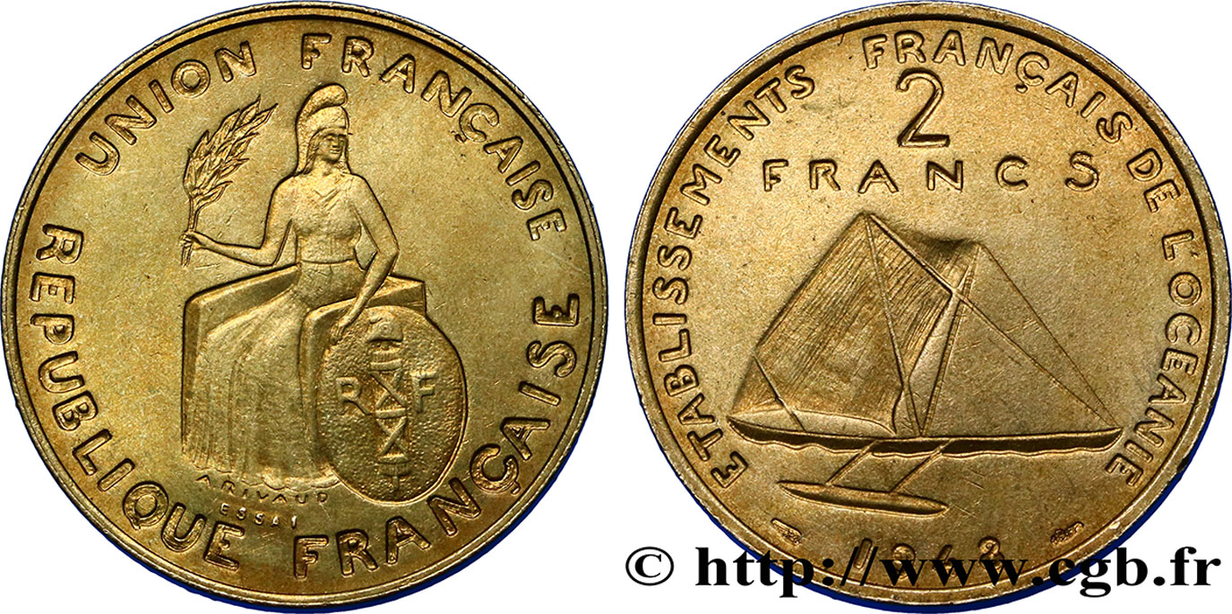 POLYNÉSIE FRANÇAISE - Océanie française Essai de 2 Francs avec listel en relief 1948 Paris SPL 