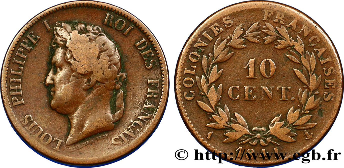 COLONIE FRANCESI - Luigi Filippo, per Guadalupa 10 Centimes 1841 Paris MB 
