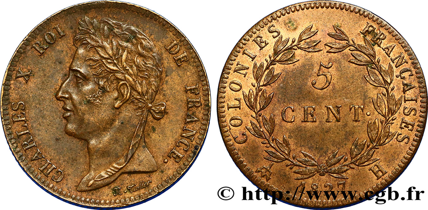 COLONIAS FRANCESAS - Charles X, para Martinica y Guadalupe 5 Centimes Charles X 1827 La Rochelle - A EBC 