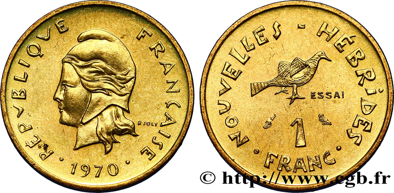NEUE HEBRIDEN (VANUATU ab 1980) 1 Franc ESSAI Marianne / oiseau 1970 Paris fST 