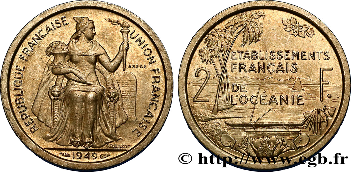 FRANZÖSISCHE POLYNESIA - Franzözische Ozeanien Essai de 2 Francs Établissements français de l’Océanie 1949 Paris ST 