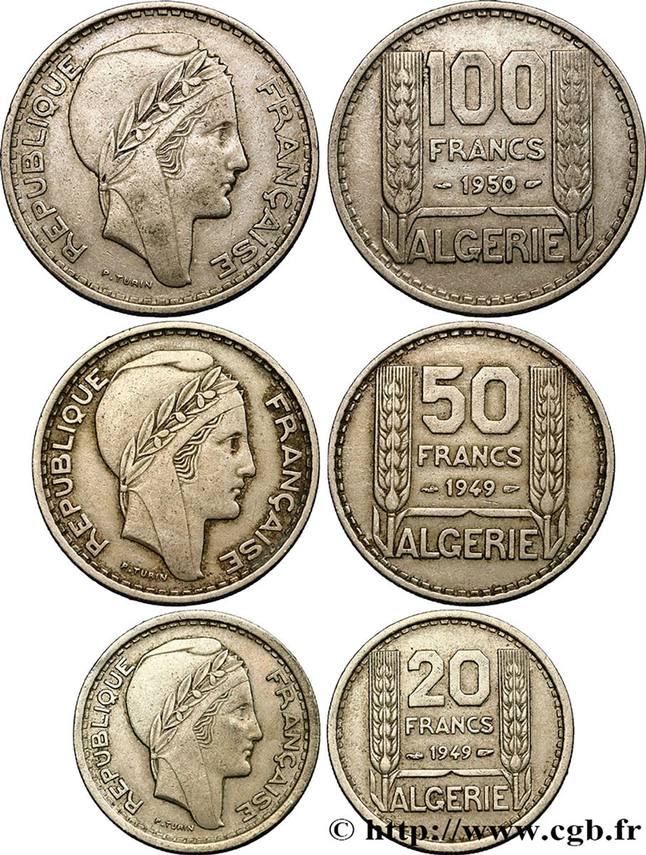 ALGÉRIE Lot de trois monnaies 20, 50 et 100 Francs Turin 1949-1950  TTB 