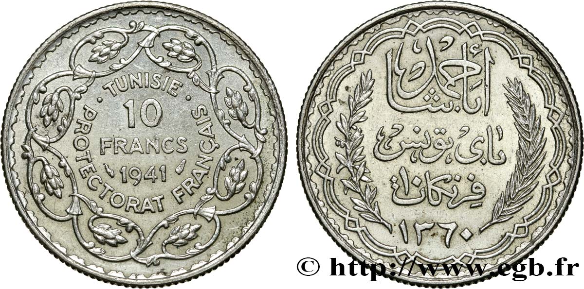 TUNISIA - Protettorato Francese 10 Francs au nom du Bey Ahmed an 1360 1941 Paris SPL 